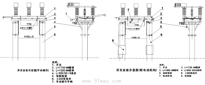 FZW32-40.5戶外高壓隔離真空負(fù)荷開關(guān)外形及安裝尺寸圖