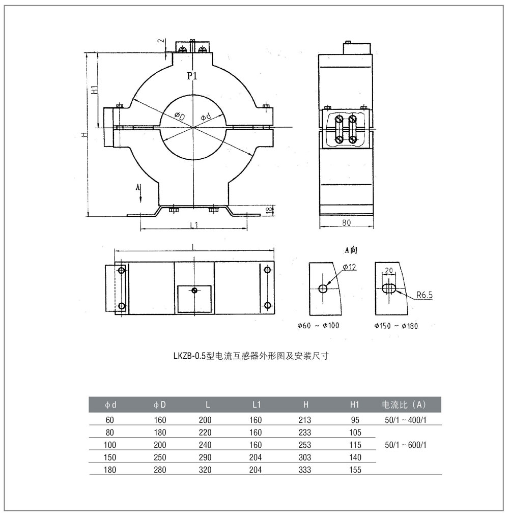 LBD,LCT-1/LKZB-0.5零序電流互感器技術參數及安裝尺寸