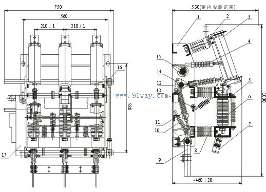 MZF62-12D/T630-20型戶內(nèi)高壓真空負(fù)荷開關(guān)安裝尺寸